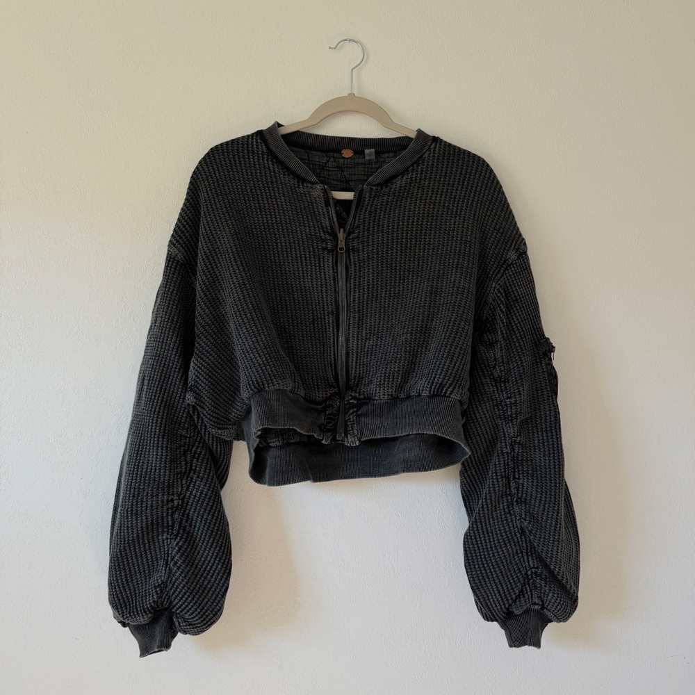 Free People Charcoal Cropped Waffle-Knit Bomber Jacket